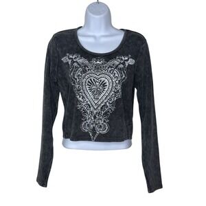 Social Collision Long Sleeve Ribbed Cropped Shirt Y2K Goth Emo Grunge Punk XL